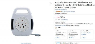 Anchor by Panasonic 6A 2 Pin Flex Box with Indicator & Handle | 8 Mtr Extension Flex Box for Home