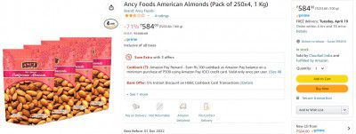 Ancy Foods American Almonds (Pack of 250x4, 1 Kg)