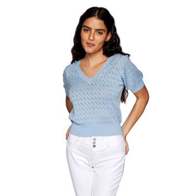 AND Solid V-Neck Cotton Womens Straight Top (SS22AK052TFK-P)