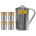 Angelic Copper Steel Hammered Jug with Glasses Set, Set of 4, Brown...