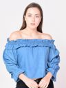 ANI Blue Off-Shoulder Ruffles Denim Bardot Top...
