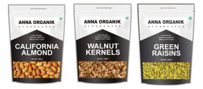 ANNA ORGANIK Premium Quality Dry Fruit Combo (Walnut Kernals - 250gm, California Almond - 250gm, Green Raisin - 300gm (800GM)