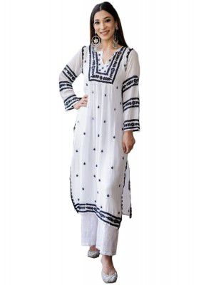 ANNI DESIGNER Womens Cotton Blend Embroidered Straight Kurta (Stho-White-Nw)