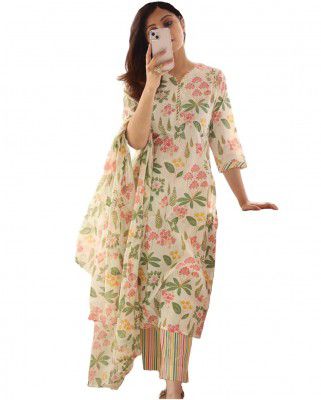 ANNI DESIGNER Women's Cotton Blend Printed Straight Kurta with Pant & Dupatta