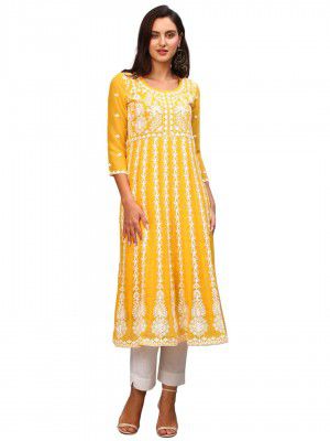 ANNI DESIGNER Women's Georgette Chikankari Embroidered Anarkali Kurti (Naav Beige-Nw1)