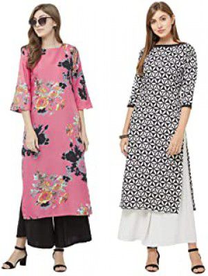 ANNI DESIGNER Women's Multi-Coloured Crepe Straight Calf Length Ethnic Printed Kurti (Pack of 2)