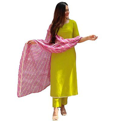 ANNI DESIGNER Womens Rayon Solid Kurta with Palazzo and Dupatta (LAHARIYA-Parrot-STY_Green_)