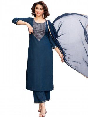ANNI Designer Women's Ruby Cotton Embroidered Straight Solid Kurta with Palazzo and Dupatta Set