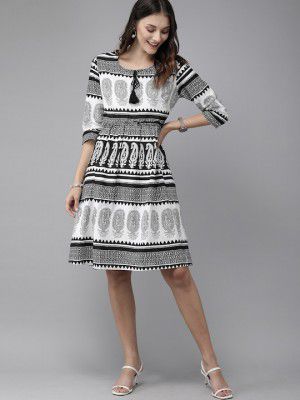 Anouk White & Black Ethnic Motifs Printed Pure Cotton Gathered A-Line Dress with Pocket
