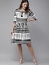 Anouk White & Black Ethnic Motifs Printed Pure Cotton Gathered A-Line Dress with Pocket...