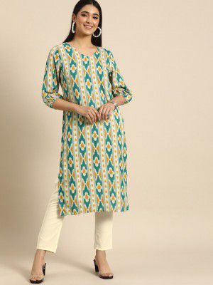 AnoukWomen Beige & Teal Blue Abstract Striped Printed Kurta with Trousers