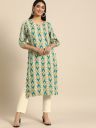 AnoukWomen Beige & Teal Blue Abstract Striped Printed Kurta with Trousers...