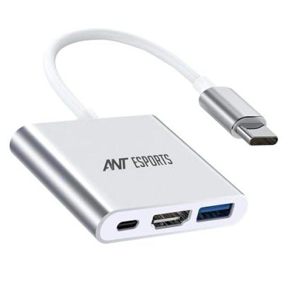 Ant Esports AEC310 USB C to HDMI 3-in-1 Adapter, Type-C Hub to HDMI 4K Output USB 3.0 Port and USB-C 100W Charging Port, Compatible for USB C Laptops and Other Type C Devices_ Matt Silver