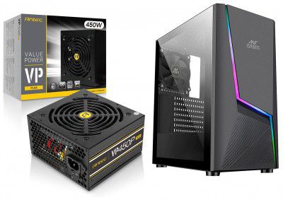 Antec VP450P Plus 450 Watt Power Supply 85% efficient I 80 Plus 230V Standard Certified & Ant Esports ICE-130AG Mid Tower Computer Case I Gaming Cabinet Supports