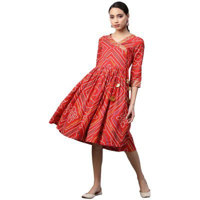 anubhutee Women's Cotton Geometric Bandhani Printed Ankle Length A-Line Indo Western Dress