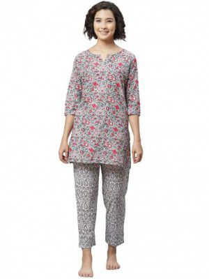 anubhutee Women's Cotton Grey Floral Printed Straight Night Suit with Top and Pyajamas