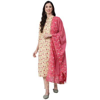 anubhutee Women's Cream-Coloured Ethnic Motifs Printed Pure Cotton Kurta Suit Set with Pants and Dupatta