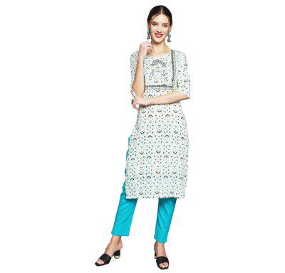 anubhutee Women's Rayon White Thread Work Ethnic Motifs Printed Straight Kurta
