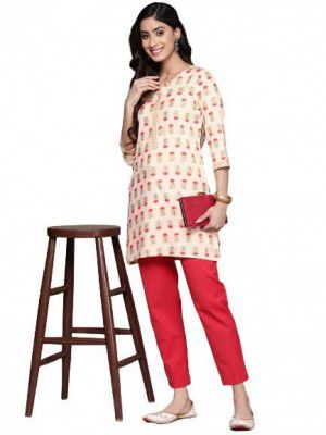 anubhutee Women's Viscose Rayon Peach Zari Floral Printed Straight Kurti