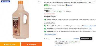 Anveshan Wood Pressed Peanuts, Plastic Groundnut Oil Can (5 L)