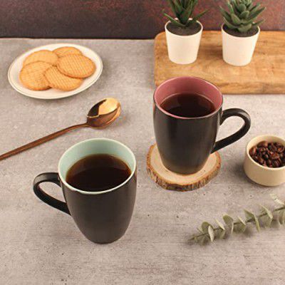 Anwaliya Fortuna Series Coffee Mug - Ceramic Set of 2 (280ml) Handcrafted Design Tea Cups Set of 2 Stackable, Chip Resistant, Irene (Inner Color May Vary)