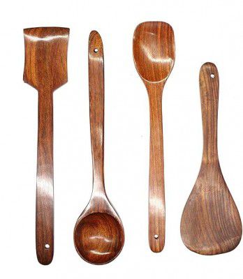 Any Creation Wooden Non-Stick Mixing and Turning Handmade Wooden Heat Resistant Kitchen Utensils Spoon Set Ideal (Set of 4, Brown)