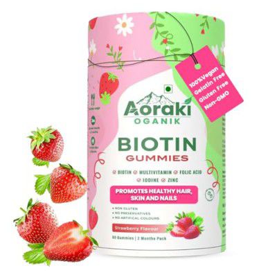 Aoraki Oganik 100% Vegan Biotin Hair Gummies for Women and Men for Hair Growth, Skin, Nails | 60 Day Pack | No Added Sugar | Multivitamin, Zinc, Folic Acid, Inositol, Iodine | Strawberry Flavor