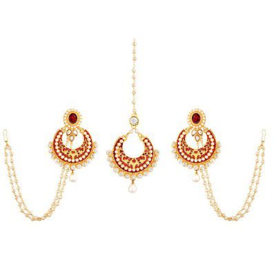 Apara Rad Meenakari Pearl Chandbali Earring and MaangTikka for Women