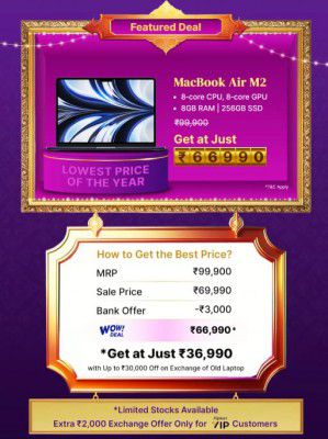 Apple MacBook AIR Apple M2 Price drops to ₹66990 during Big Billion Days	