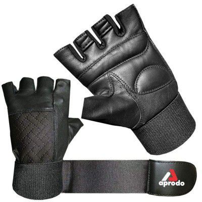 Aprodo Leather Weight Lifting Gloves for Men and Women, with Long Wrist Wrap & Padded Leather Palm (All Black, Large)