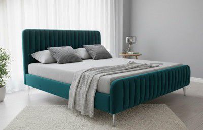APRODZ Fluted Velvet Upholstered King Size Bed Without Storage 82x76 Solid Wood |(Green)