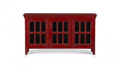 APRODZ Mango Wood Entertainment 3 Door TV Stand Cabinet Unit for Living Room | Red Finish