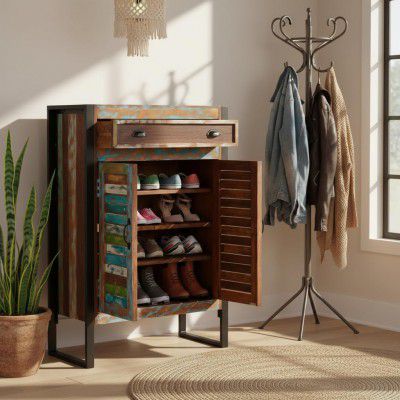 APRODZ Reclaimed Wood Mauri 2-Door Shoe Cabinet with Drawer Storage Shoe Rack Organiser for Home