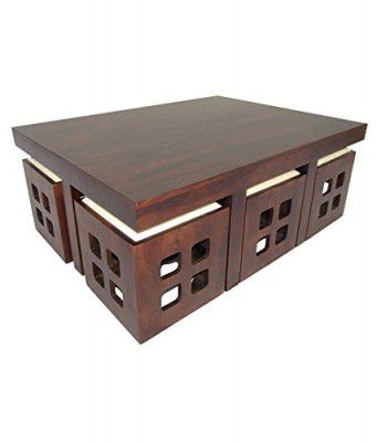APRODZ Solid Wood 6 Seater Coffee Table Stool Set for Home | Dark-Walnut