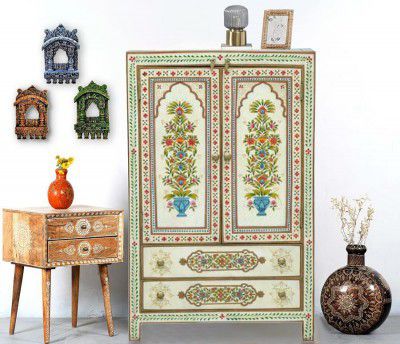 APRODZ Wooden Handpainted Wardrobe Cupboard for Multipurpose Storage Organizer Almirah (Multicolor)