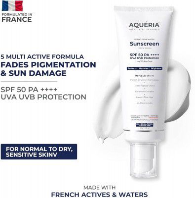 aqueria Sunscreen - SPF 50 PA++++ For Normal to Dry, Sensitive Skin | 5% Niacinamide | Tranexamic Acid | UVA/UVB (50 g)