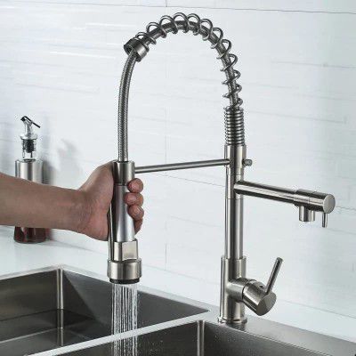 Aquieen Spring Style Table Mounted Kitchen Sink Mixer with Connecting Hoses (Brushed)