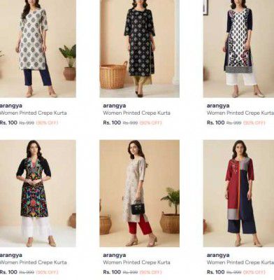 Myntra : Upto 90% OFF - Arangya Women Kurta | Starts At Rs.100
