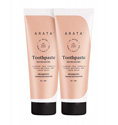 Arata Natural Refreshing Toothpaste With Peppermint, Cinnamon & Chamomile || All-Natural, Vegan & Cruelty-Free || Fluoride-Free Formula Fights Bacteria & Tooth Decay (Pack of 2) - 50 ML each