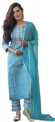 Arayna Womens Cotton Printed Straight Kurti Palazzo Pants Set with Dupatta