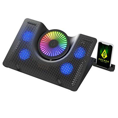 Archer Tech Lab, Squall 100 RGB Gaming Laptop Cooling Pad with Aluminium Metal Grid, 5 Turbo Fans, Powered by USB Port, 5 Adjustable Angles, 2-Place Adjustable Phone Holder (Supports up-to 17" Lap