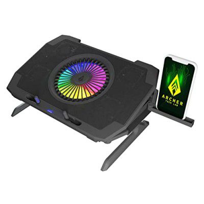 Archer Tech Lab, Squall 300 RGB Gaming Laptop Cooling Pad with Aluminium Metal Grid, 5 Turbo Fans, Dual USB Ports, 7 Adjustable Angles, Elevation Bracket & Phone Holder (Supports upto 17" Laptop S