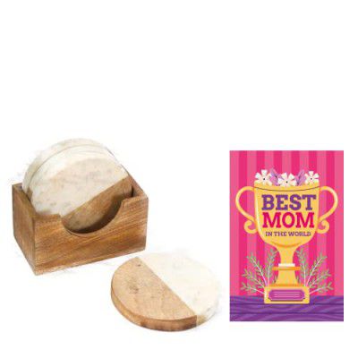 Archies Mother's Day Round Coaster for Home & Bar Decoration, White Colour, Made with Marble and Wood, Set of 4 pcs Gift for Mother| Mother's Day Giftting
