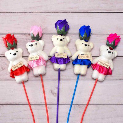 ARCHIES Multi Color Rose with Cute Teddy Gifting for Mothers Day, Daughters Day (Adorable Gift Idea)- Pack of 5