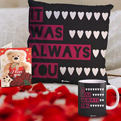 ARCHIES Pair Combo Pack of 3 | 1 Ceramic Mug | 1 Cushion Cover with Fillers & Greeting Card | Romantic Gift for Girlfriend, Boyfriend, Wife, Husband | Anniversaries GMC-4