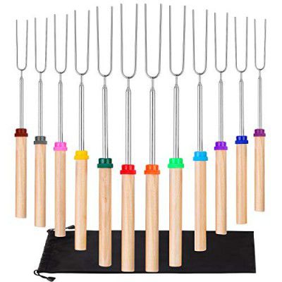 Argthjy Marshmallow Roasting Sticks 12Pack Telescoping Campfire Roasting Skewers 32Inch Wooden Hot Dog Marshmallow Smore Sticks for BBQ Fire Pits