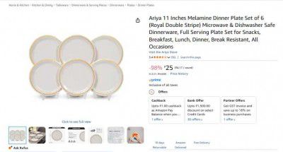 Ariya 11 Inches Melamine Dinner Plate Set of 6 (Royal Double Stripe) 