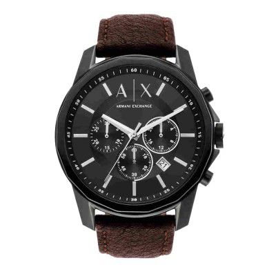 Armani Exchange Mens 44 mm Black Dial Leather Chronograph Watch - AX1732I