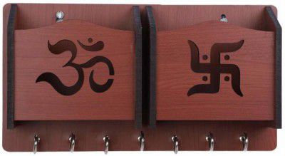Arpita Crafts Om and Swastik Red Wood Key Holder (7 Hooks, Red)