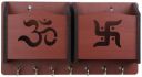 Arpita Crafts Om and Swastik Red Wood Key Holder (7 Hooks, Red)...
